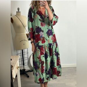 Beautiful H&M Ballon 3/4 Sleeves Floral Green Dress Size XL